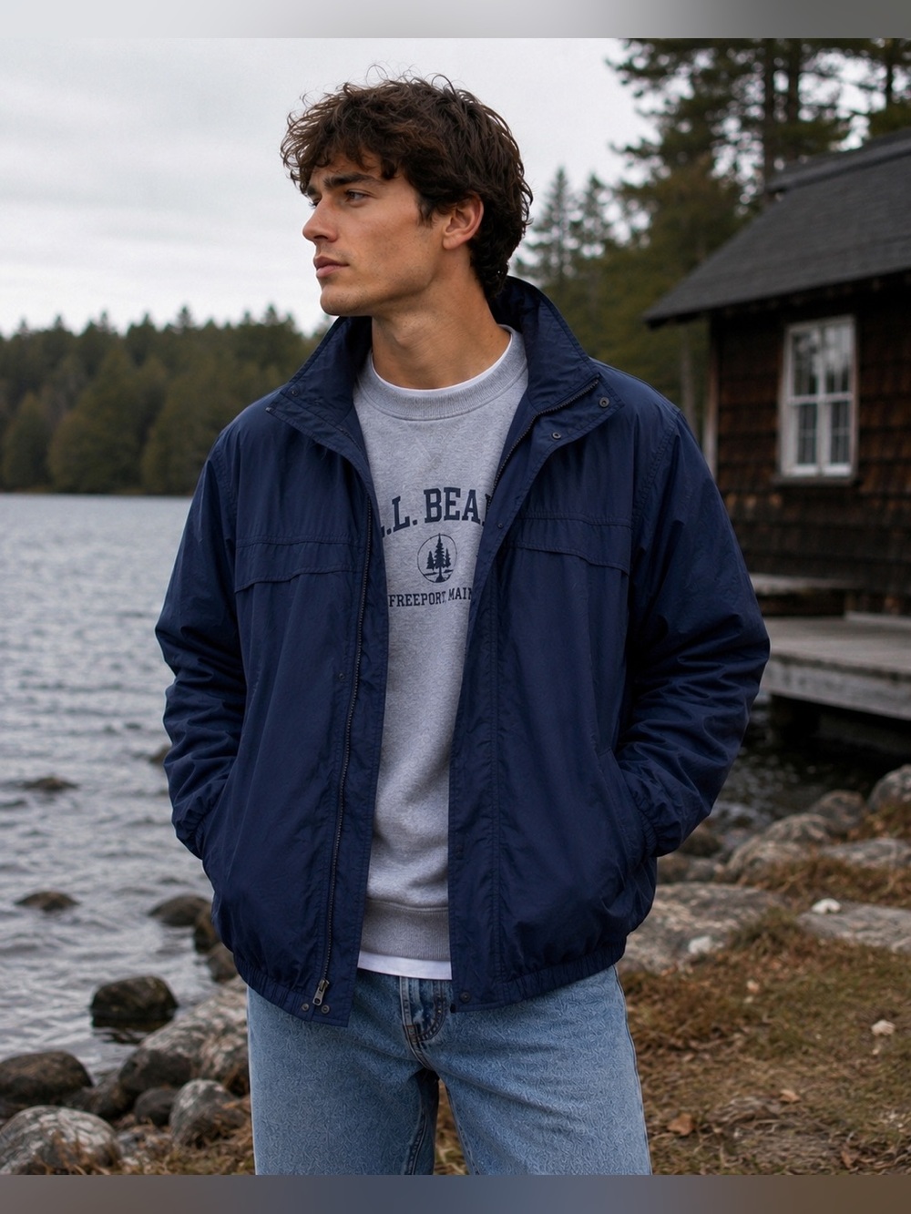 L.L. Bean Navy Blue Hooded Windbreaker Zip Jacket Mens Medium Outdoor Coat
